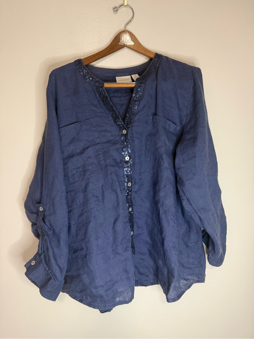 Chico's Linen Navy Button-Front Sequin Trim Women's Top size XL (3)